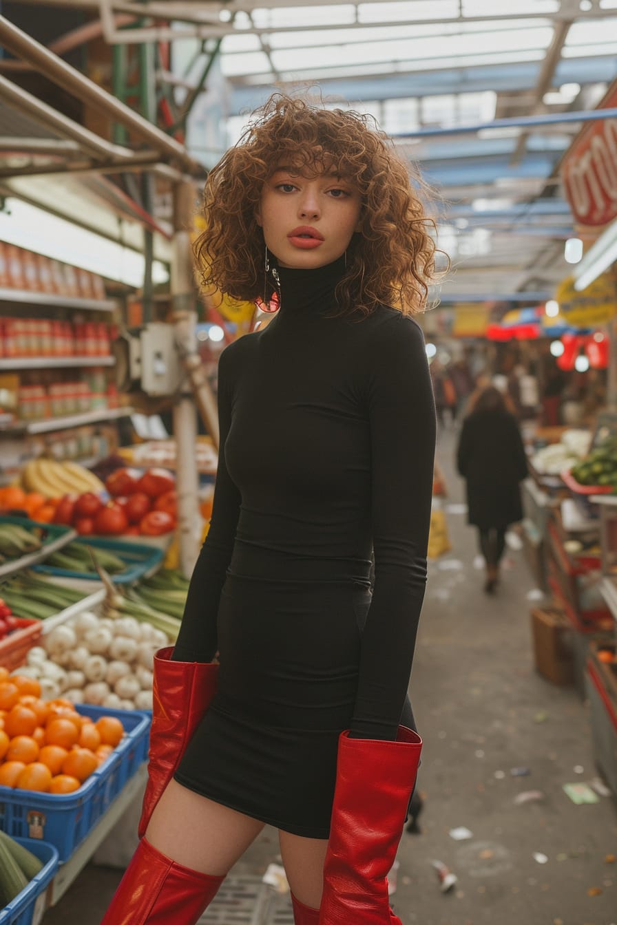  A full-length image of a young woman with curly auburn hair, wearing bold red leather thigh-high boots, a black turtleneck dress, casually browsing through a street market, late morning.