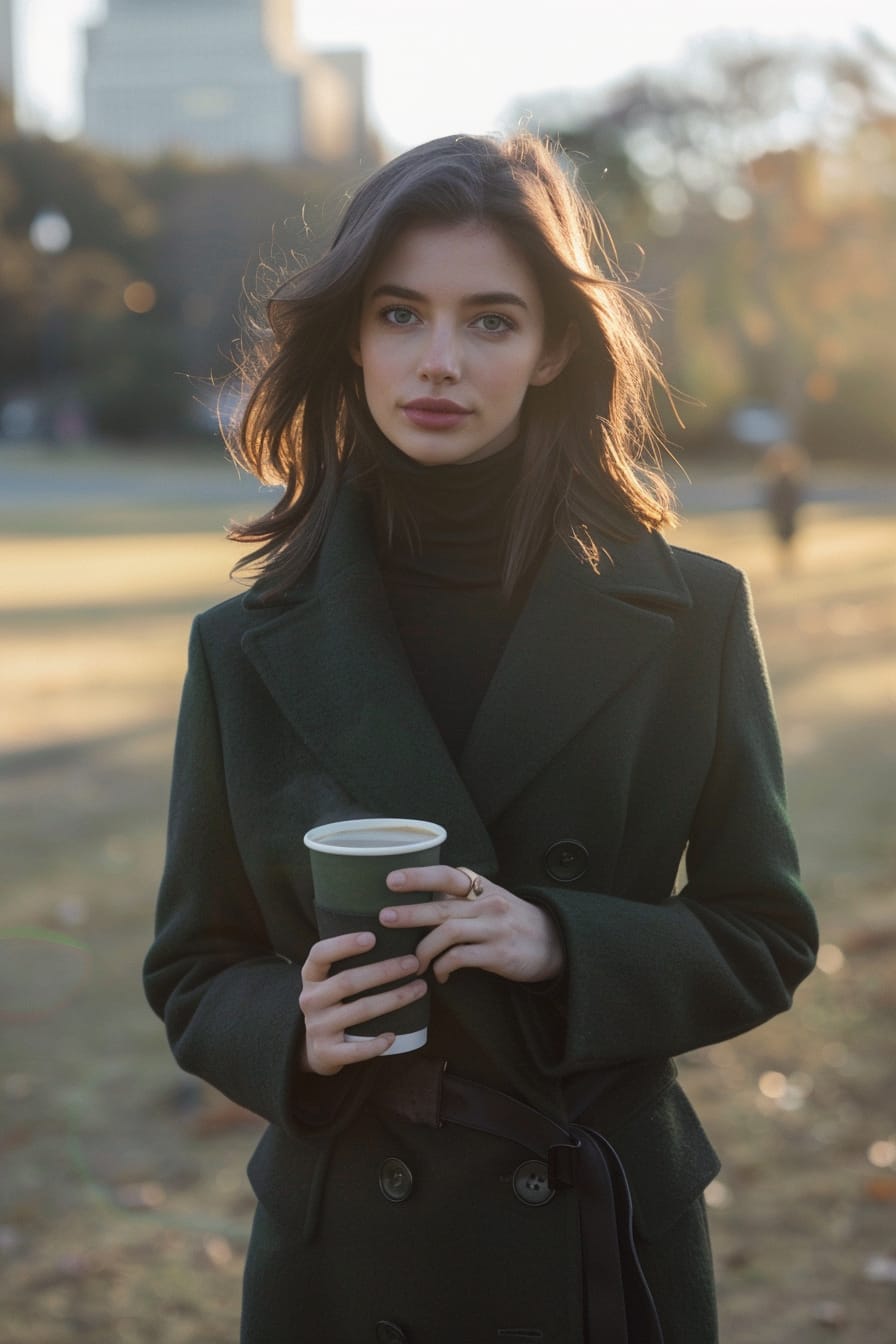  A full-length image of a young woman with sleek dark hair, showcasing her first thigh-high boots in black suede, paired with a dark green wool coat, holding a latte, city park background, early morning.