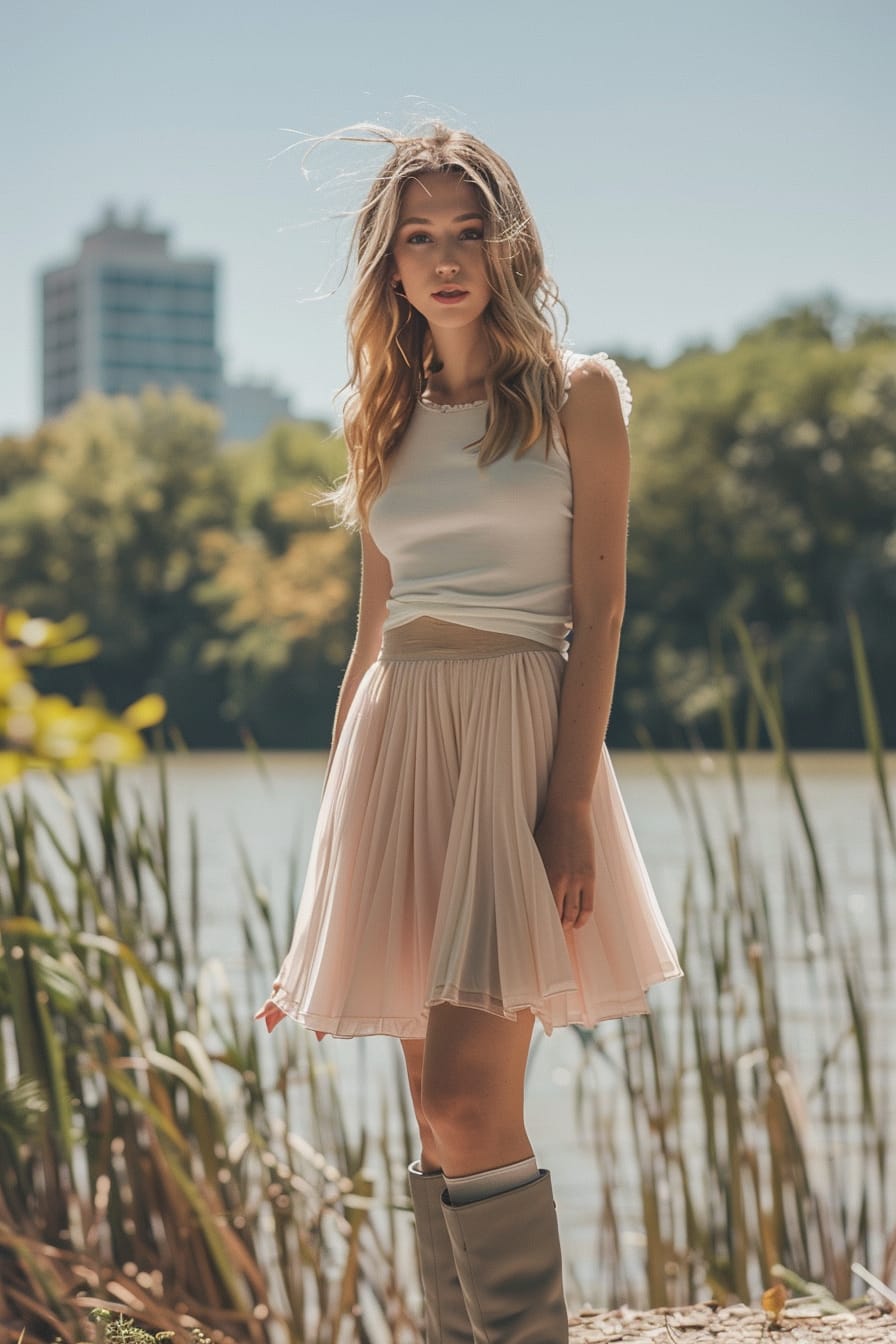  A full-length image of a young woman with sun-kissed hair, wearing light grey thigh-high boots, a flowy midi skirt in pastel pink, and a simple white tee, urban park setting, sunny day.