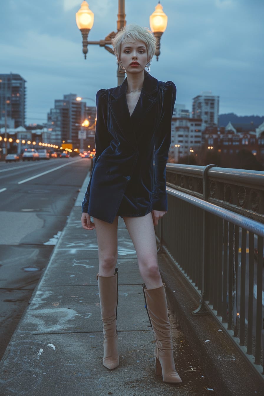  A full-length image of a young woman with short blonde hair, wearing chic taupe thigh-high boots, a tailored blazer dress in navy blue, on a city bridge at dusk, reflective and poised.