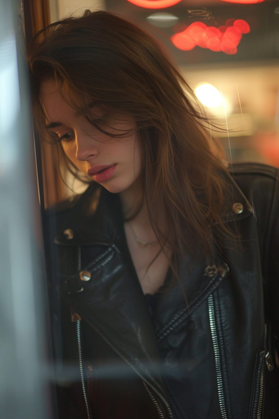 A young woman in a fitting room, trying on a black leather jacket that's too large, reflective contemplation in her eyes, soft lighting.