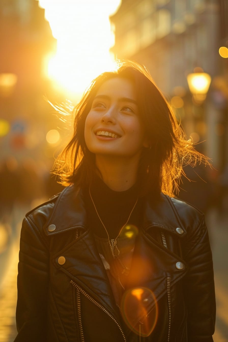  A young woman wearing her black leather jacket, walking down a city street, a content smile on her face, golden sunset in the background.