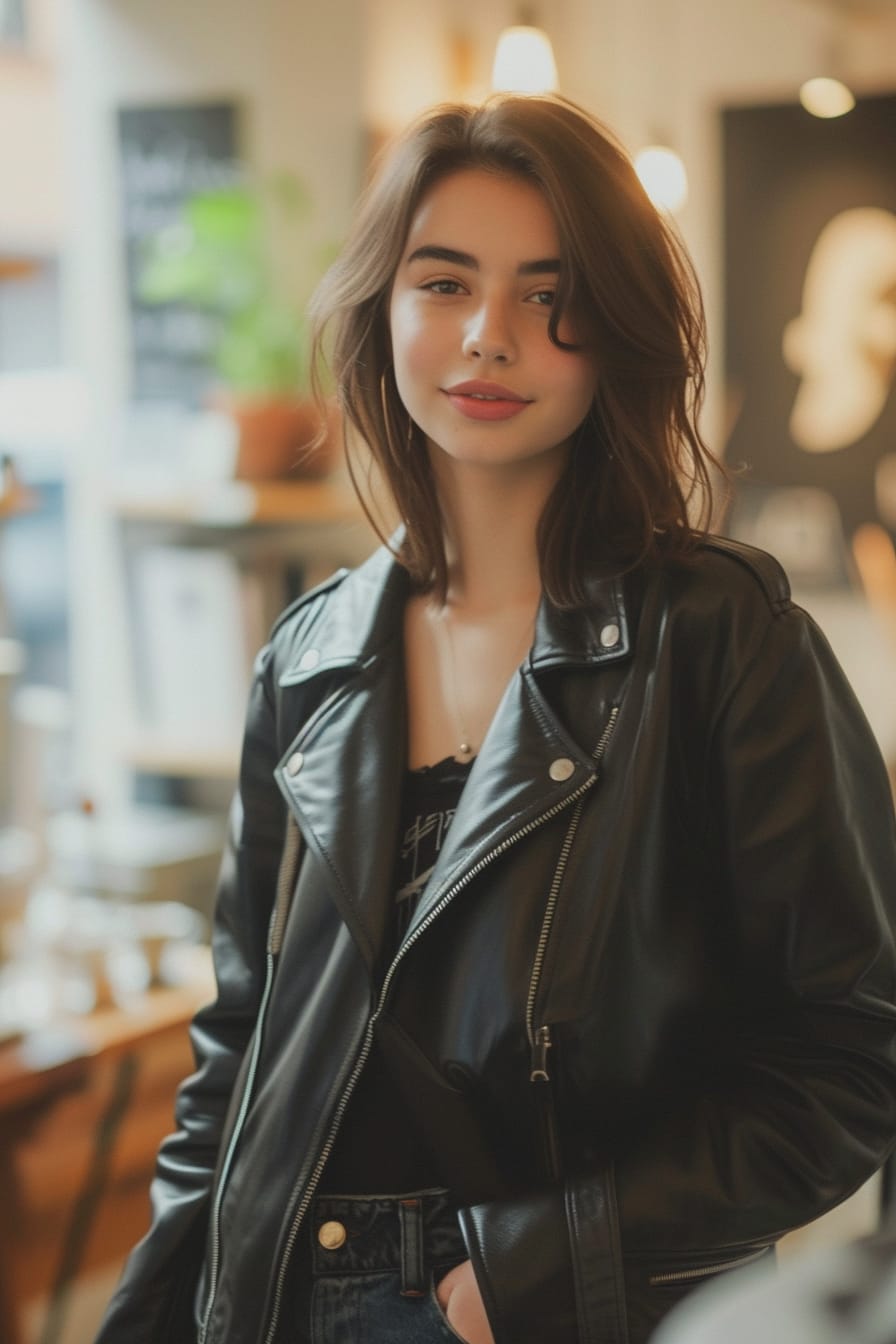  A young woman standing in front of a mirror in a boutique, wearing a fitted black leather jacket, a smile of satisfaction on her face, warm and inviting store lighting.