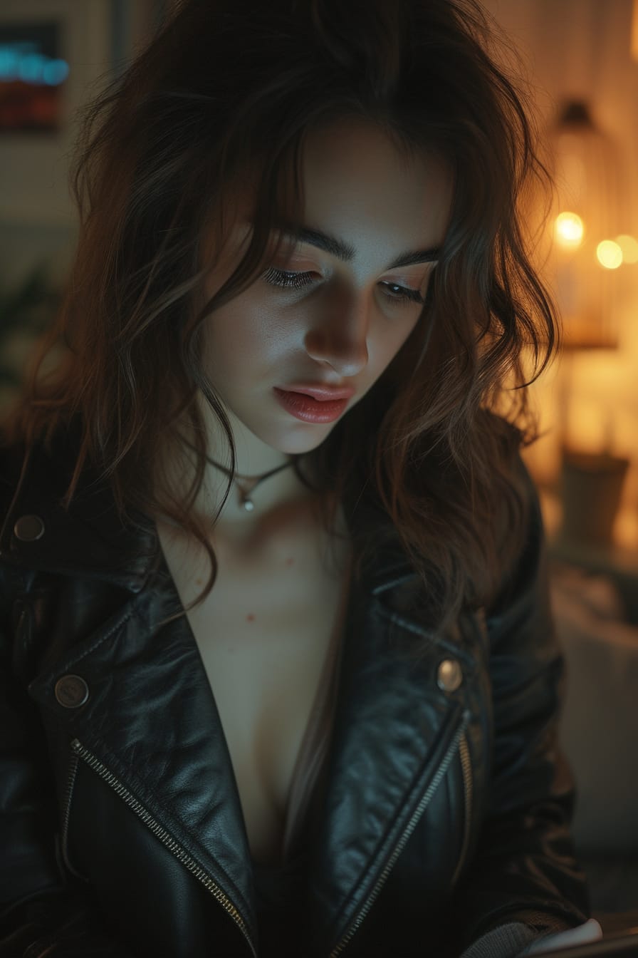  Close-up of a young woman scrolling through leather jackets on a tablet, a look of concentration on her face, cozy evening light filling her room.