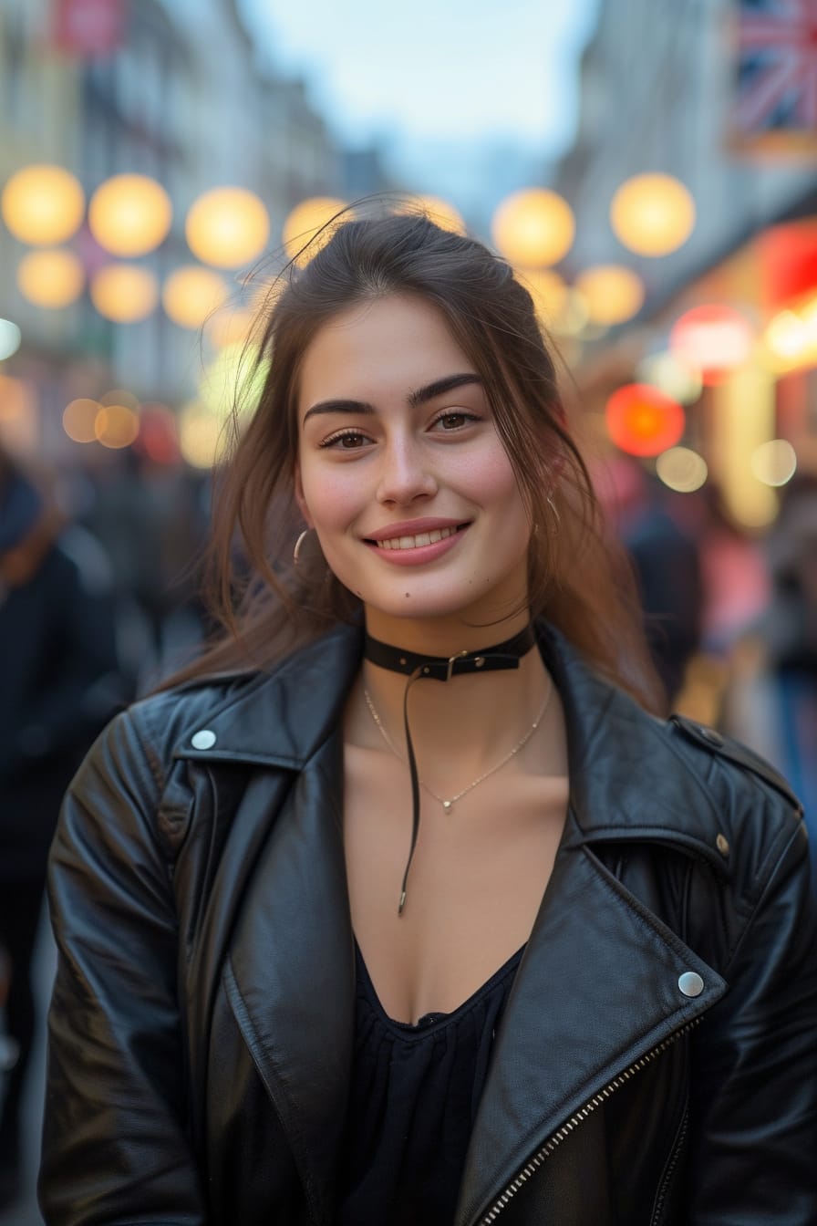  A young woman with a confident smile, wearing a sleek black leather jacket, standing in a bustling urban street, early evening.