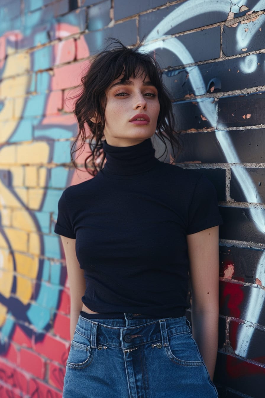 A full-length image of a young woman with dark hair, wearing the navy blue cropped pants with a sleek black turtleneck and ankle boots, leaning against a graffiti-covered wall, late afternoon.