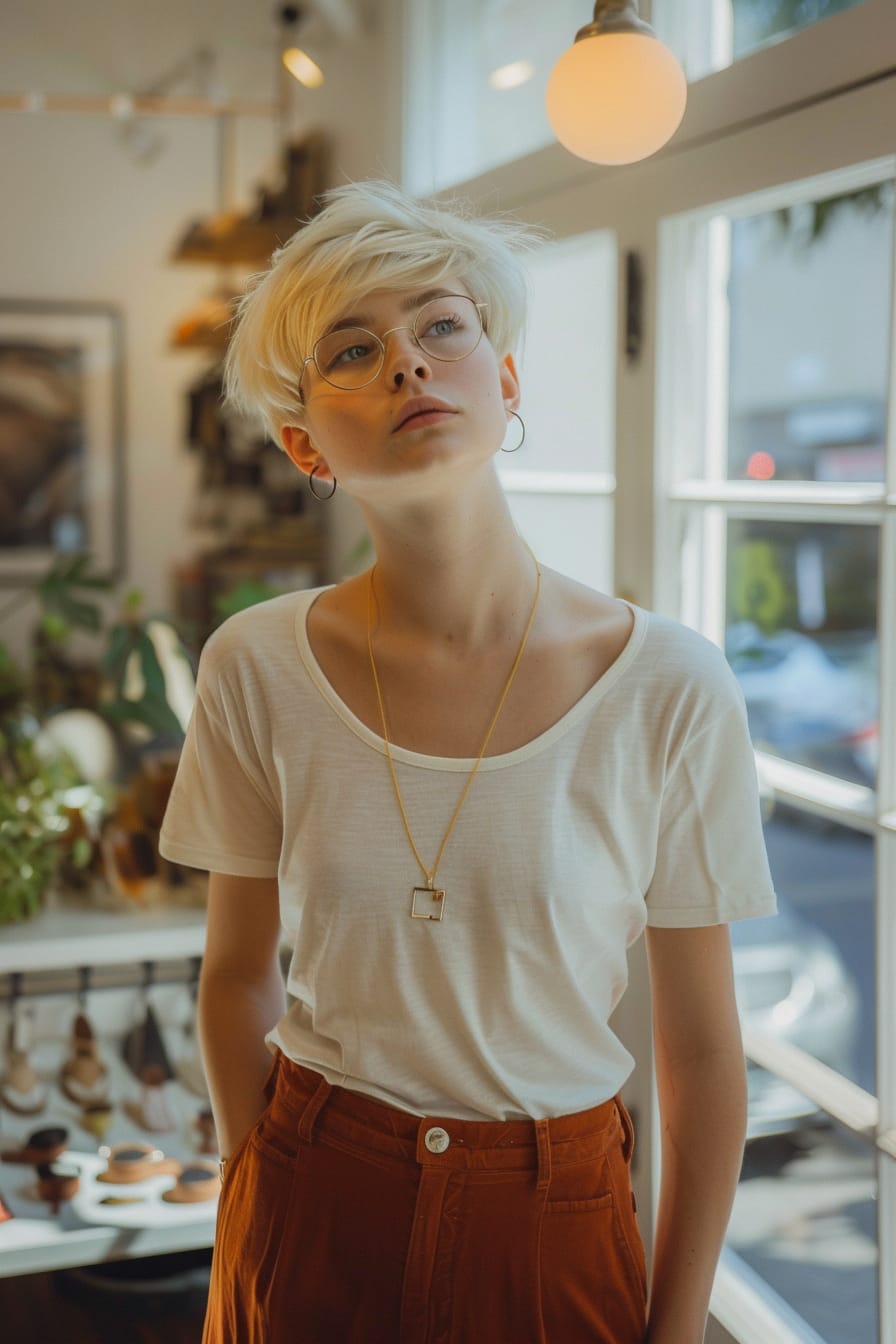 A full-length image of a young woman with short blonde hair, examining various styles of cropped pants in a brightly lit, modern boutique, midday.