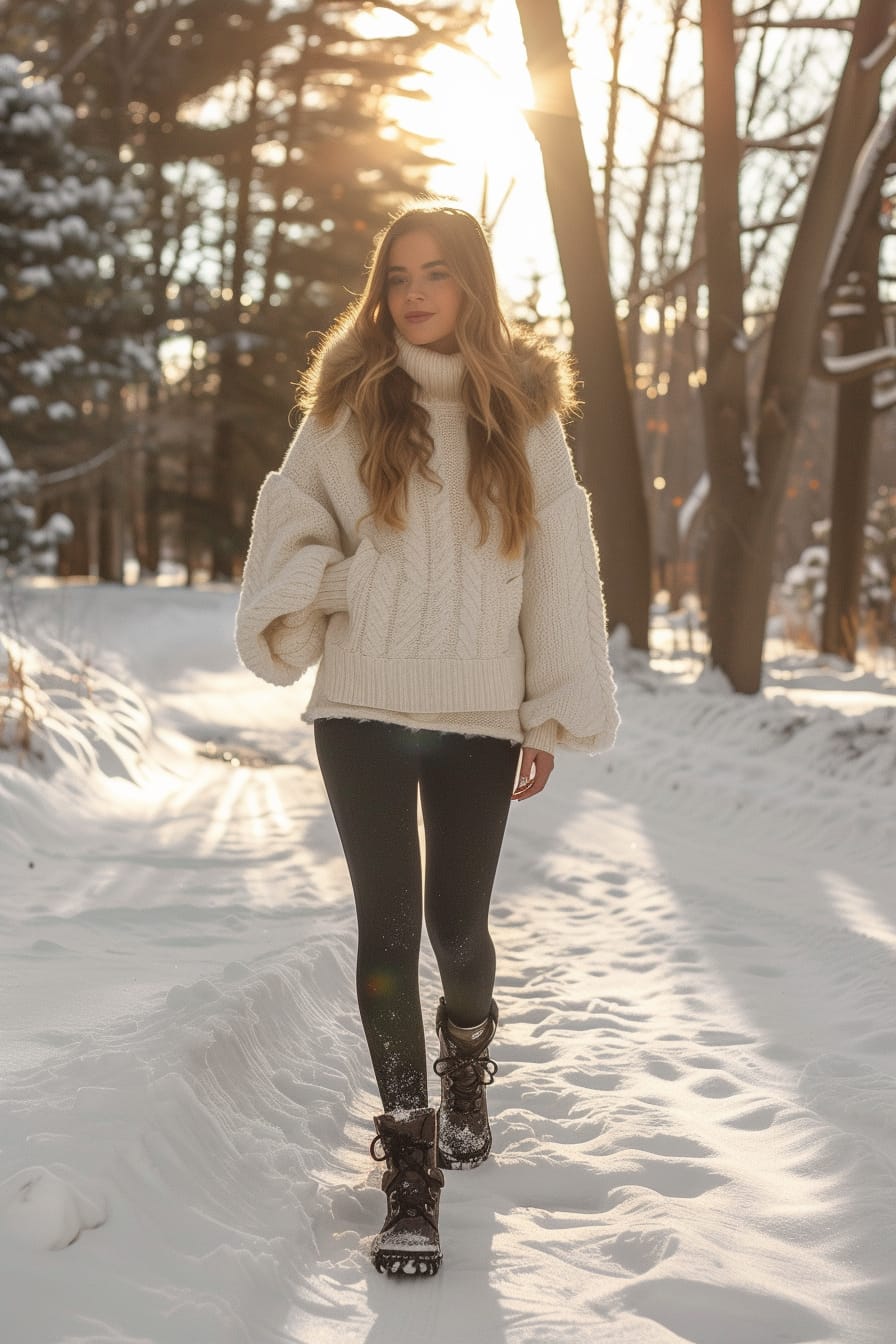  A young woman walking through a snow-covered park at sunset, wearing stylish, fur-lined lace-up boots, dark leggings, and an oversized cream sweater, her breath visible in the cold air.