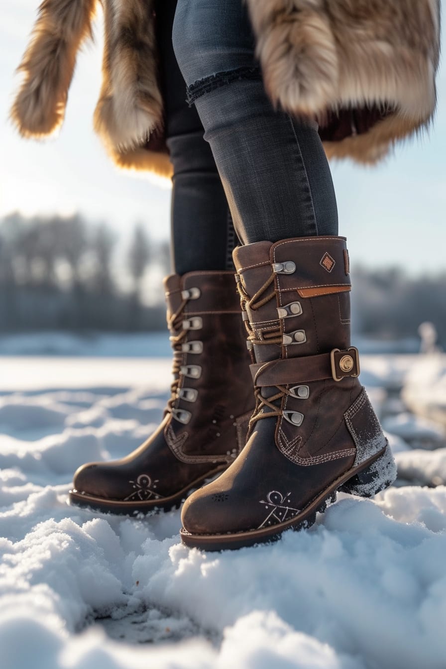  Close-up of a young woman's feet, showcasing dark brown, mid-calf leather boots with intricate detailing and a sturdy sole, against a backdrop of fresh snow under a soft afternoon light.