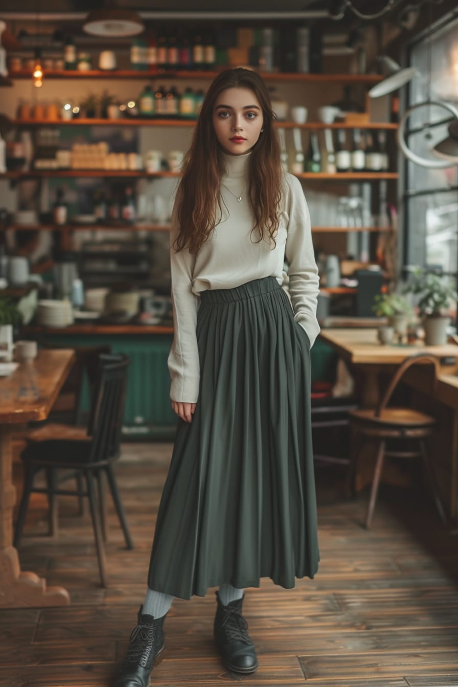  A young woman standing in a cozy, dimly lit café, wearing light gray wool socks peeking out of her black ankle boots, paired with a long, flowing dark green skirt.