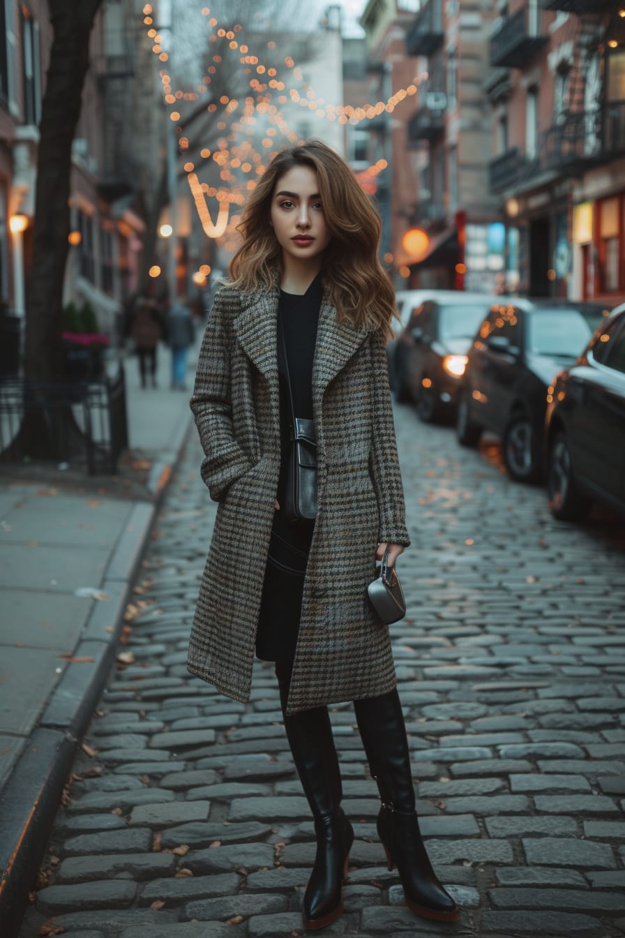  A young woman with wavy hair, standing on a vintage cobblestone street at dusk, wearing elegant, heeled leather boots, a tailored coat, and holding a small, fashionable handbag, the city lights beginning to twinkle in the background.