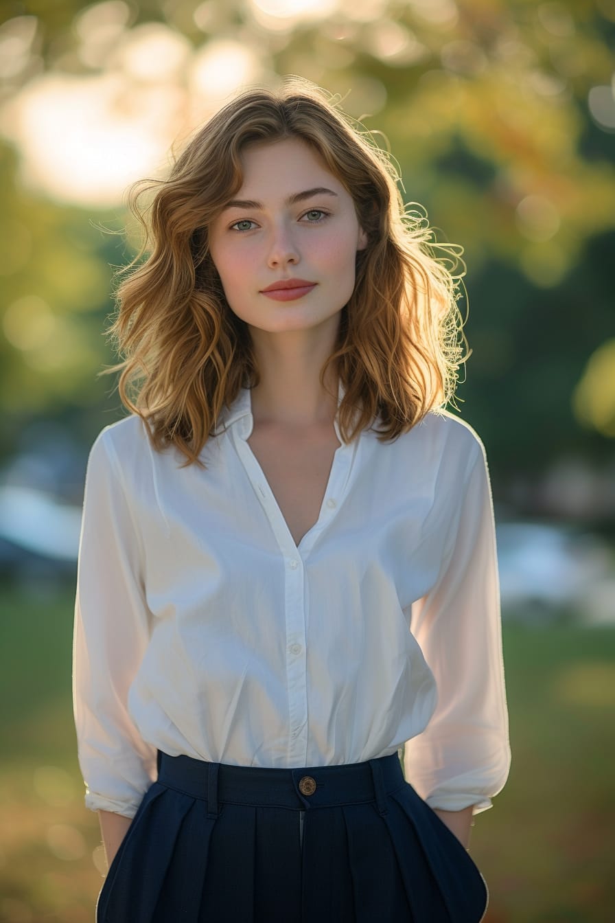  A young woman with wavy chestnut hair, standing confidently in a pair of navy blue culottes paired with a crisp white blouse, soft-focus urban park background, early evening light.