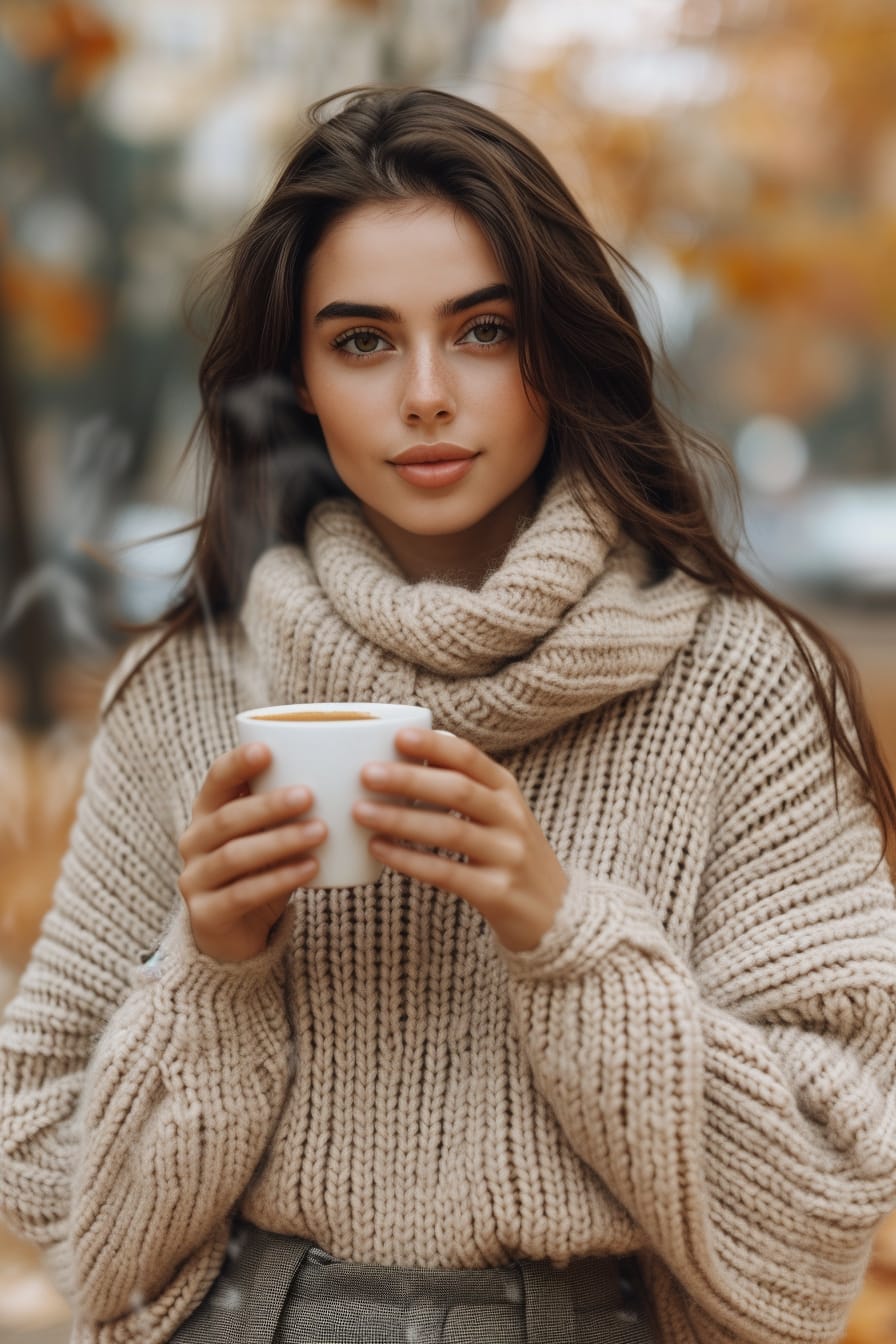 A young woman with long dark hair, wrapped in a cozy beige turtleneck sweater, wearing charcoal gray woolen culottes, holding a steaming cup of coffee, blurred autumn leaves background, chilly morning.