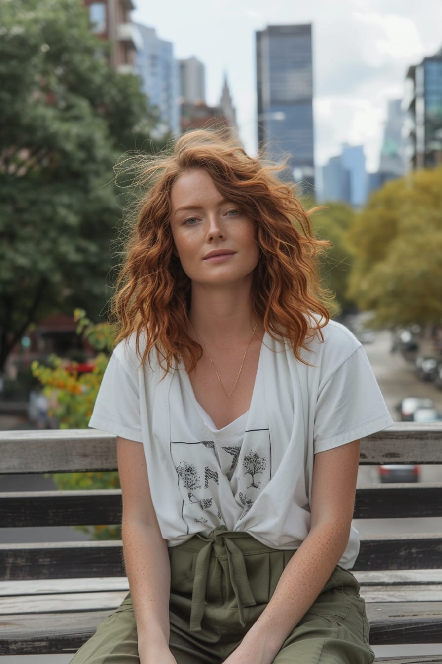 A relaxed young woman with curly auburn hair, wearing olive green culottes and a white graphic tee, sitting on a city bench, overcast day.