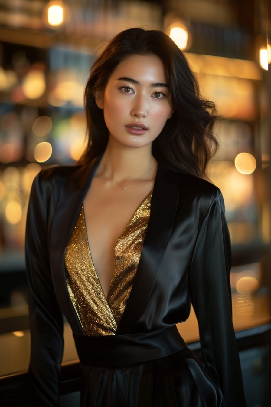  A sophisticated young woman with sleek black hair, wearing black silk culottes and a shimmering gold blouse, standing in a dimly lit, elegant bar, night.
