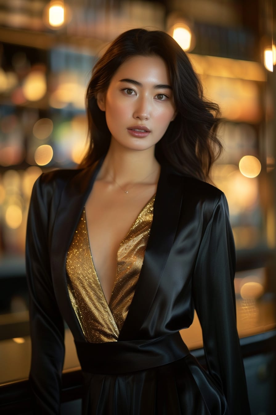 A sophisticated young woman with sleek black hair, wearing black silk culottes and a shimmering gold blouse, standing in a dimly lit, elegant bar, night.