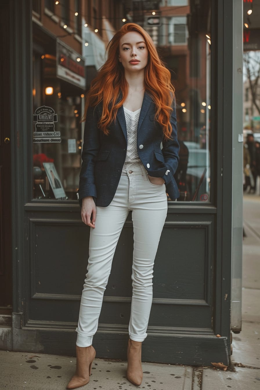 A full-length image of a young woman with long red hair, wearing white jeans, a navy blue blazer, and heeled boots, standing on a city sidewalk, dusk, the glow from the shop windows illuminating her.