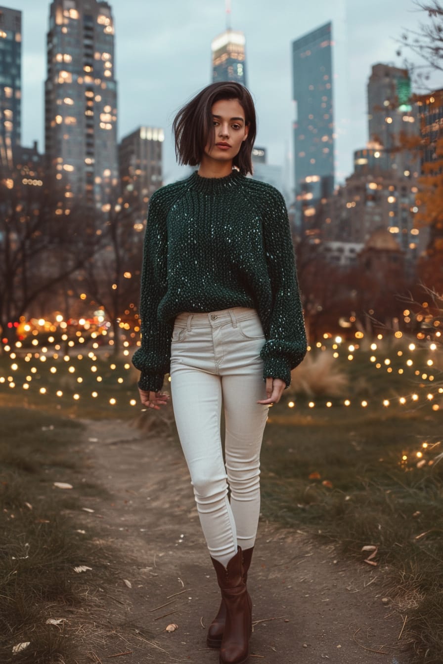 A full-length image of a young woman with short black hair, wearing white jeans, a deep green chunky knit sweater, and ankle leather boots, walking through a city park, early evening, the lights of the city starting to twinkle in the background.