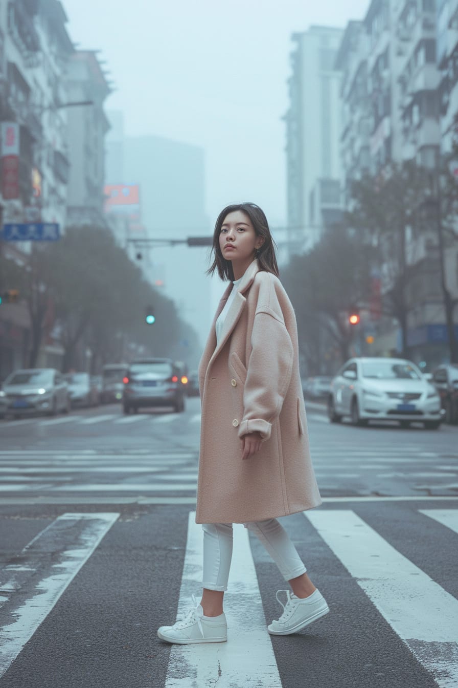  A full-length image of a young woman with straight dark hair, wearing white jeans, a pastel pink wool coat, and white sneakers, crossing a city street, morning, the city just waking up, a soft haze in the air.