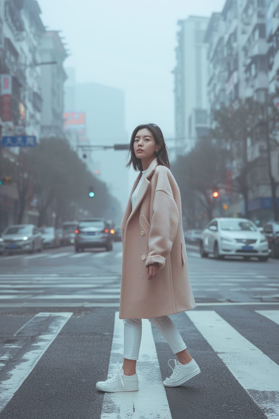 A full-length image of a young woman with straight dark hair, wearing white jeans, a pastel pink wool coat, and white sneakers, crossing a city street, morning, the city just waking up, a soft haze in the air.