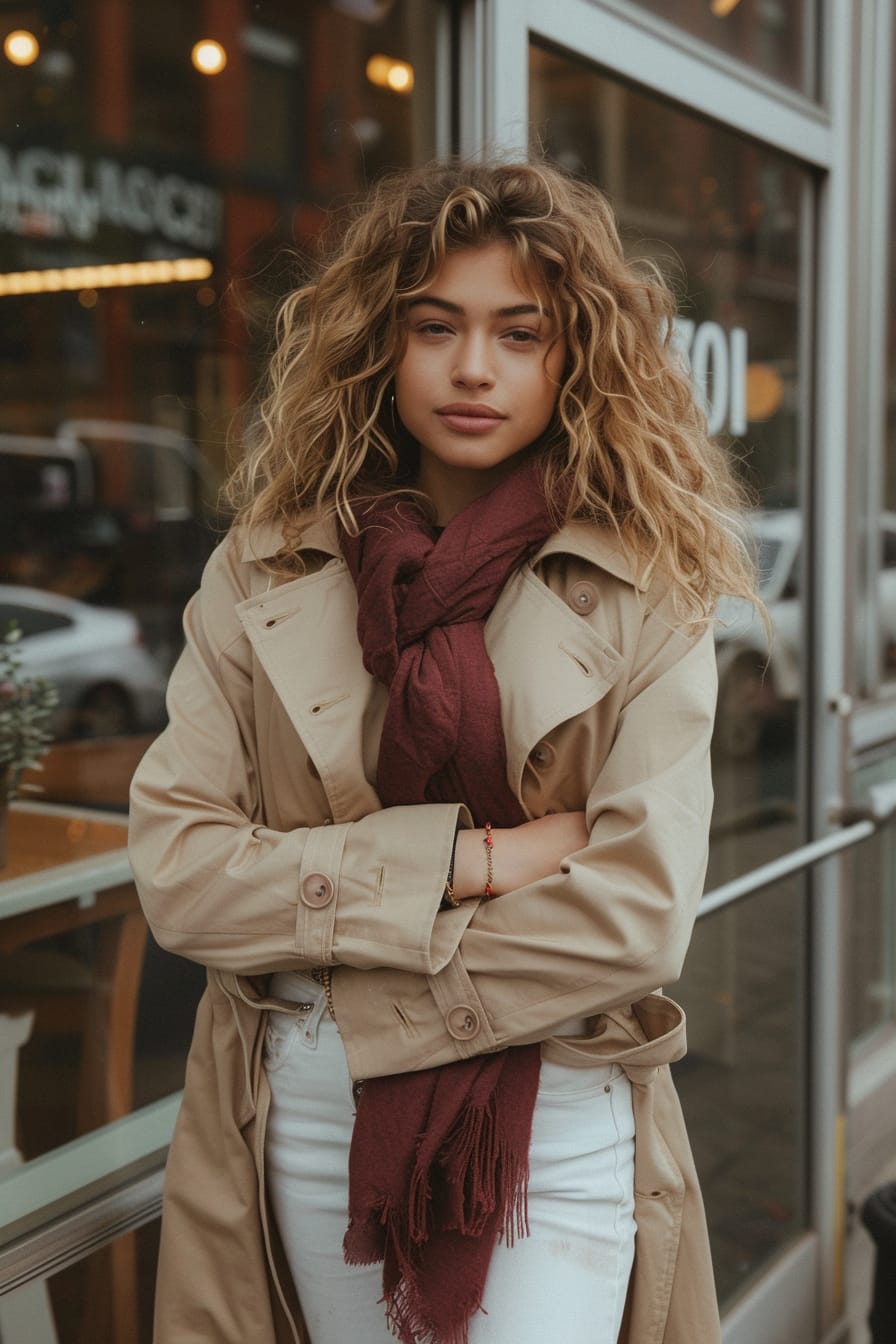 A full-length image of a young woman with curly blonde hair, wearing white jeans, a camel trench coat, and holding a burgundy scarf, standing in front of a coffee shop, overcast day.
