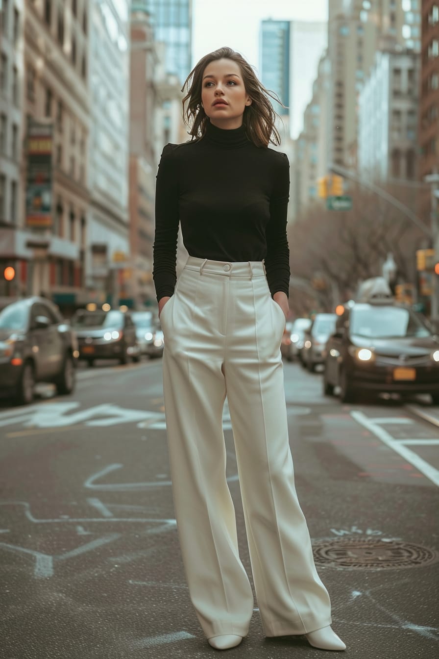  A full-length image of a young woman with sleek brunette hair, wearing high-waisted, wide-leg cream trousers and a fitted black turtleneck. She's standing on a bustling city street, early evening.