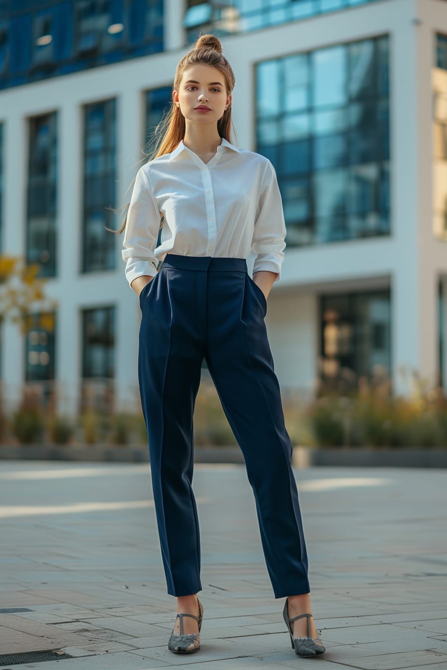  A full-length image of a young woman with a sleek ponytail, wearing navy blue tailored trousers and a crisp white shirt. She's standing in front of a modern office building, morning.