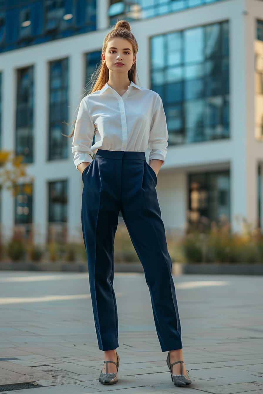 A full-length image of a young woman with a sleek ponytail, wearing navy blue tailored trousers and a crisp white shirt. She's standing in front of a modern office building, morning.