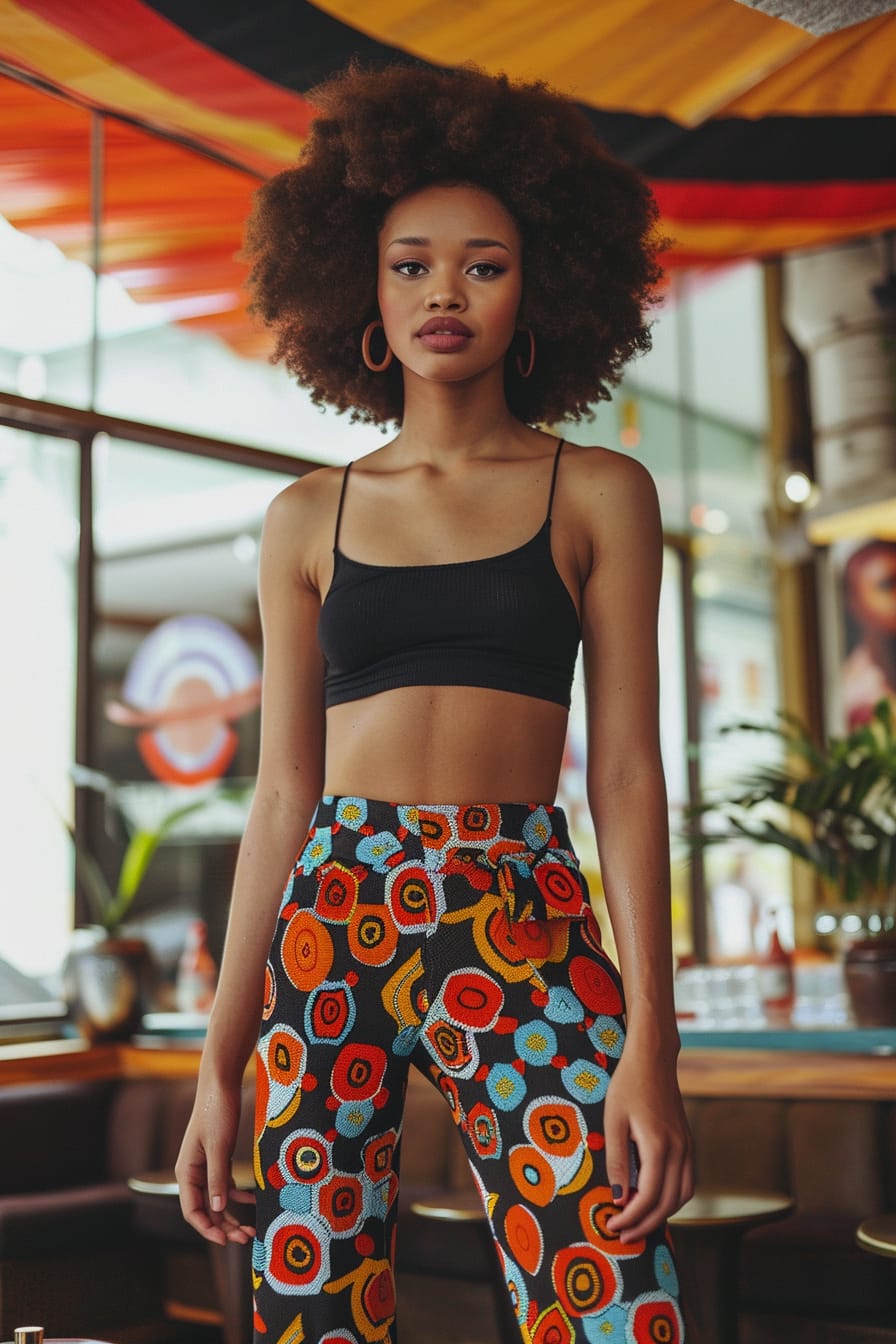 A full-length image of a young woman with short curly hair, wearing high-rise trousers with a bold geometric pattern, paired with a simple black crop top. Background shows an urban café setting, midday.