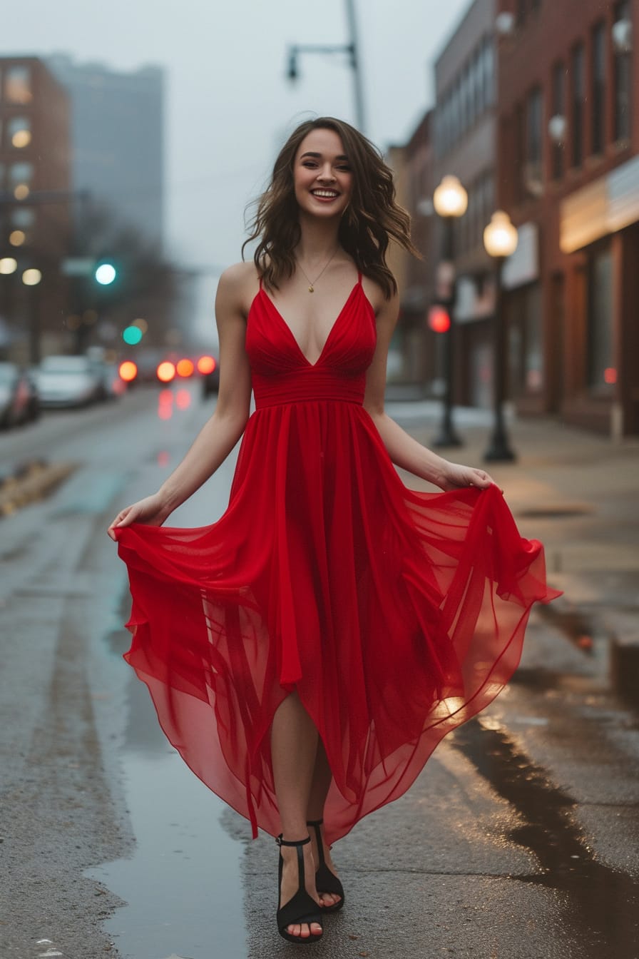  A full-length image of a young woman with wavy brunette hair, wearing black platform heels, a flowing red dress, and a confident smile. The background is a chic urban street, early evening.