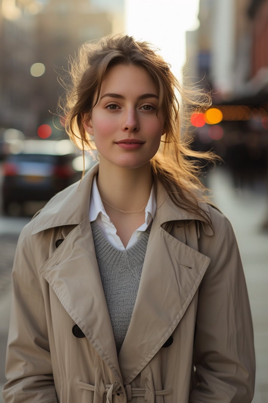  A young woman with light brown hair in a casual layered outfit, wearing a beige lightweight trench coat over a soft grey sweater and white collared shirt, standing in an urban setting during the early evening.