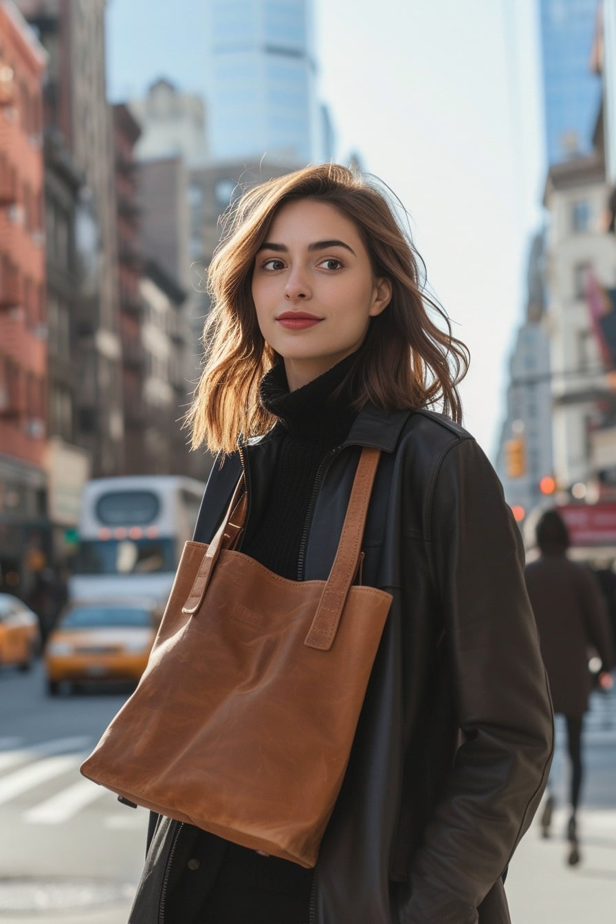  A young woman holding a structured leather tote bag in a rich caramel color, standing against a backdrop of a bustling city street in the morning light.
