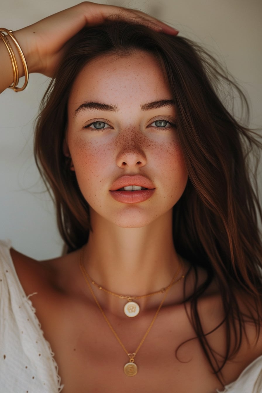  Close-up image of a young woman with soft waves in her hair, showcasing a delicate gold pendant necklace, with a stack of thin gold bangles on her wrist, against a soft, neutral background.