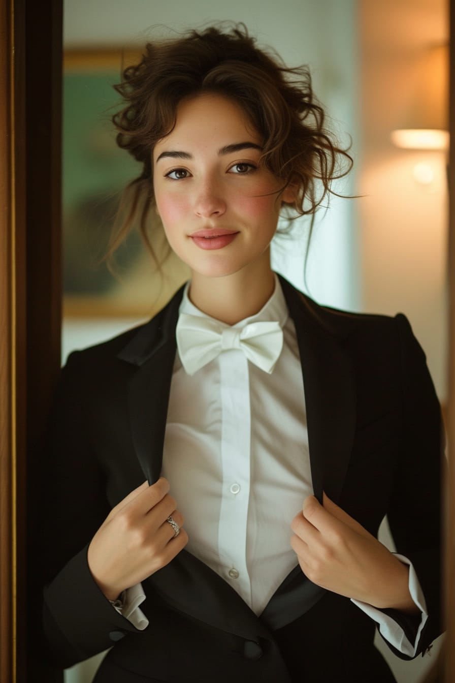 A young woman with a soft smile, wearing a casual tuxedo look, standing in front of a mirror, adjusting her blazer, indoor setting with warm lighting, evening.