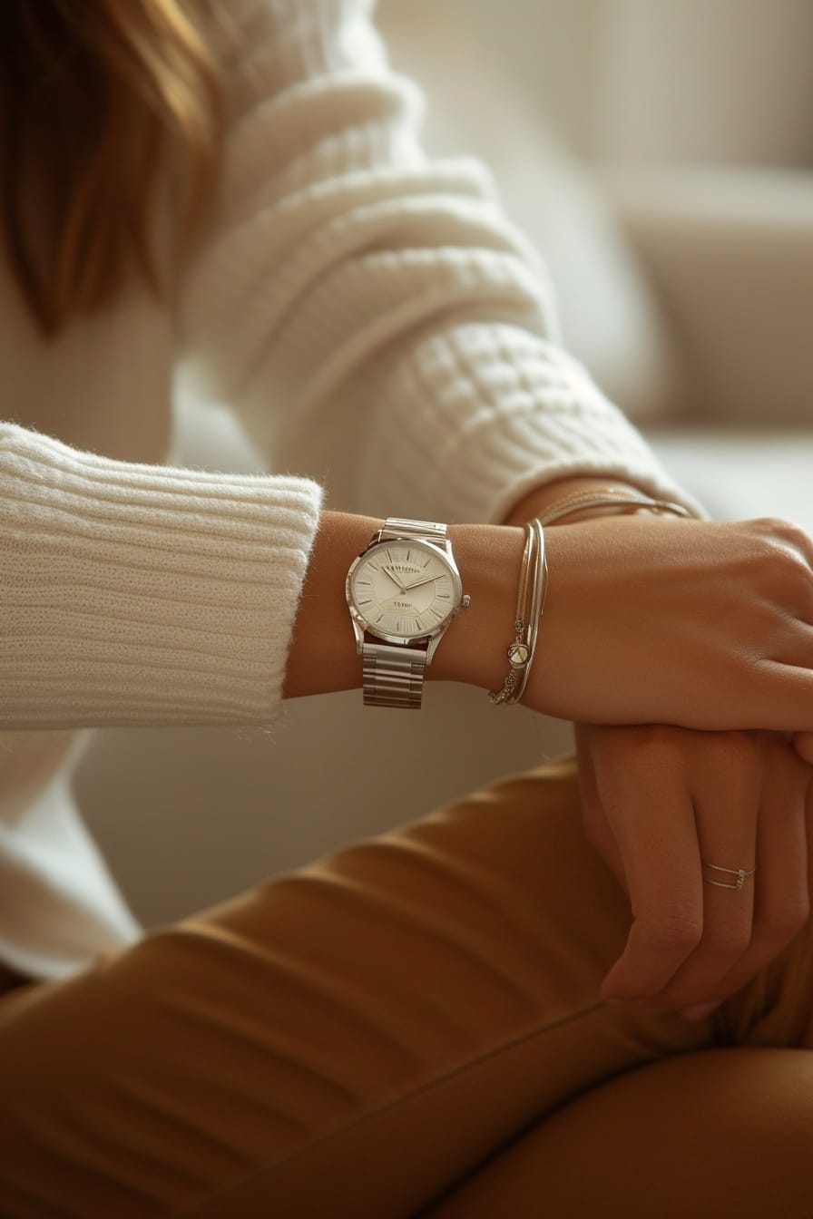  A young woman's wrist, adorned with a slim silver watch and a couple of thin bracelets, resting casually on the edge of a coffee table, soft indoor lighting.
