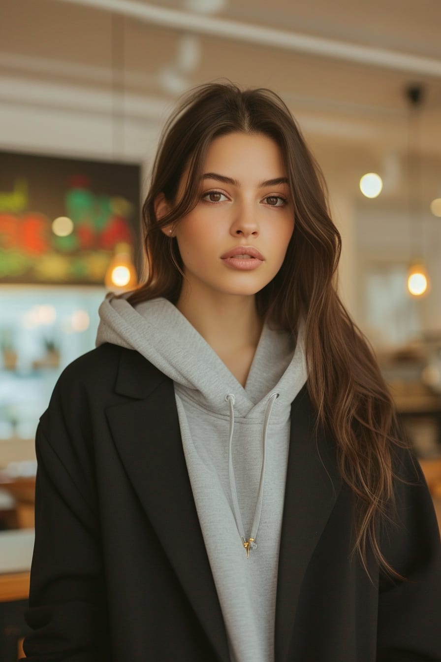 A young woman with her tuxedo blazer draped over her shoulders, revealing a gray, lightweight hoodie underneath, in a modern café setting, midday.