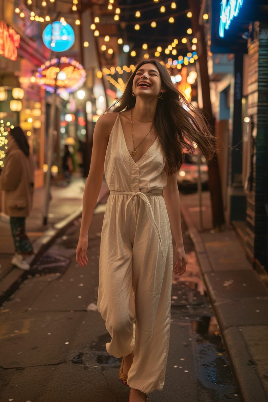 A full-length image of a young woman laughing, wearing a comfortable yet stylish jumpsuit with a cinched waist, walking down a lively city sidewalk, evening lights casting a warm glow around her.