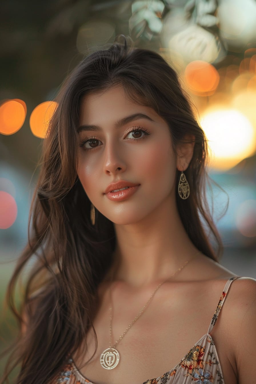  A close-up image of a young woman with a delicate gold pendant necklace and matching earrings, her makeup natural with a hint of rose on her lips, a soft urban sunset background blurring behind her.