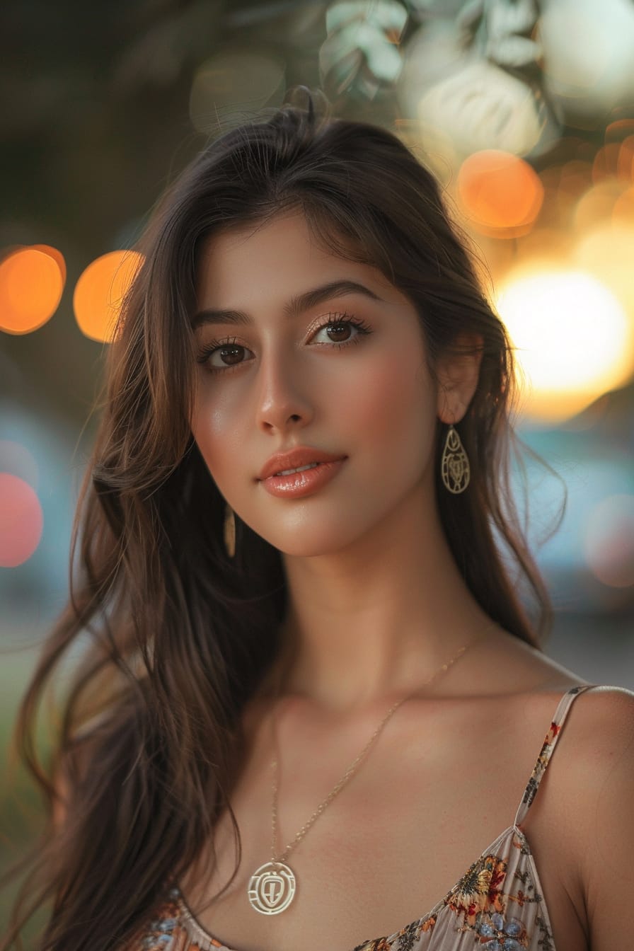 A close-up image of a young woman with a delicate gold pendant necklace and matching earrings, her makeup natural with a hint of rose on her lips, a soft urban sunset background blurring behind her.