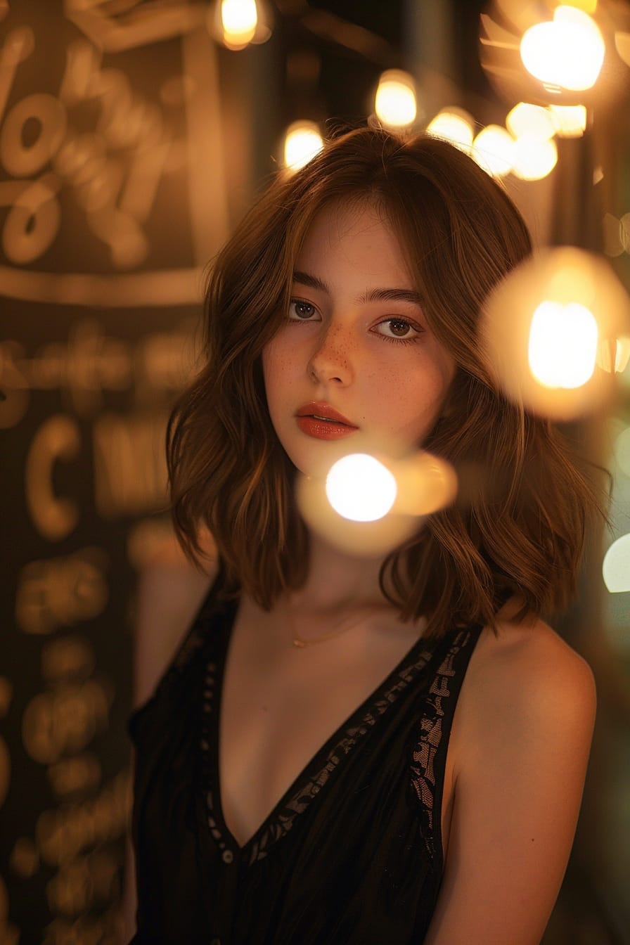 A full-length image of a young woman with her hair styled in loose, elegant waves, wearing a subtle smokey eye and a touch of blush, in a softly lit urban evening setting.