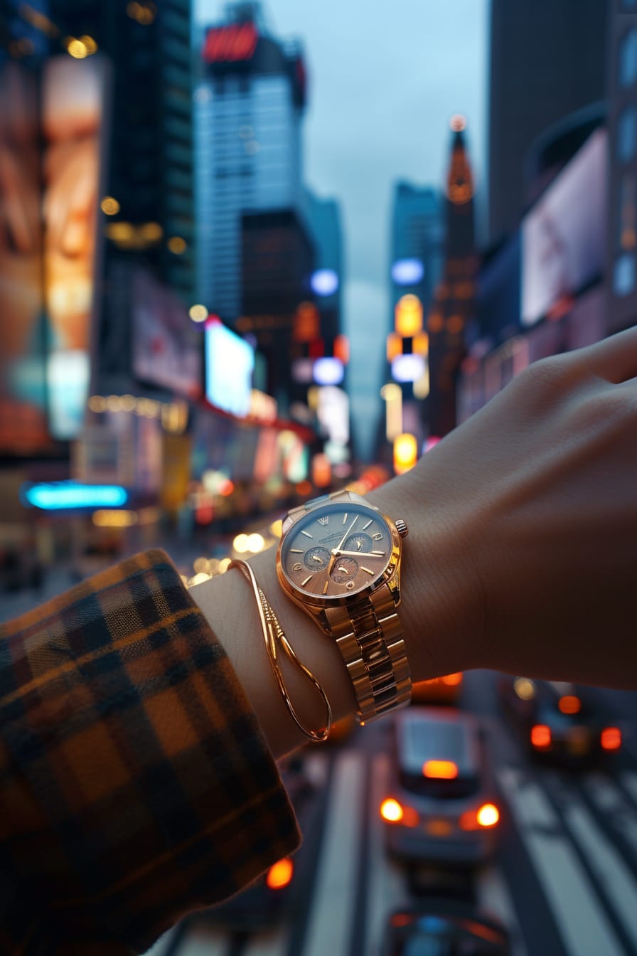  A close-up image of a young woman's hands, one holding a small, stylish clutch bag, the other showing off a sleek watch and thin bracelets, with a bustling city street at twilight in the background.
