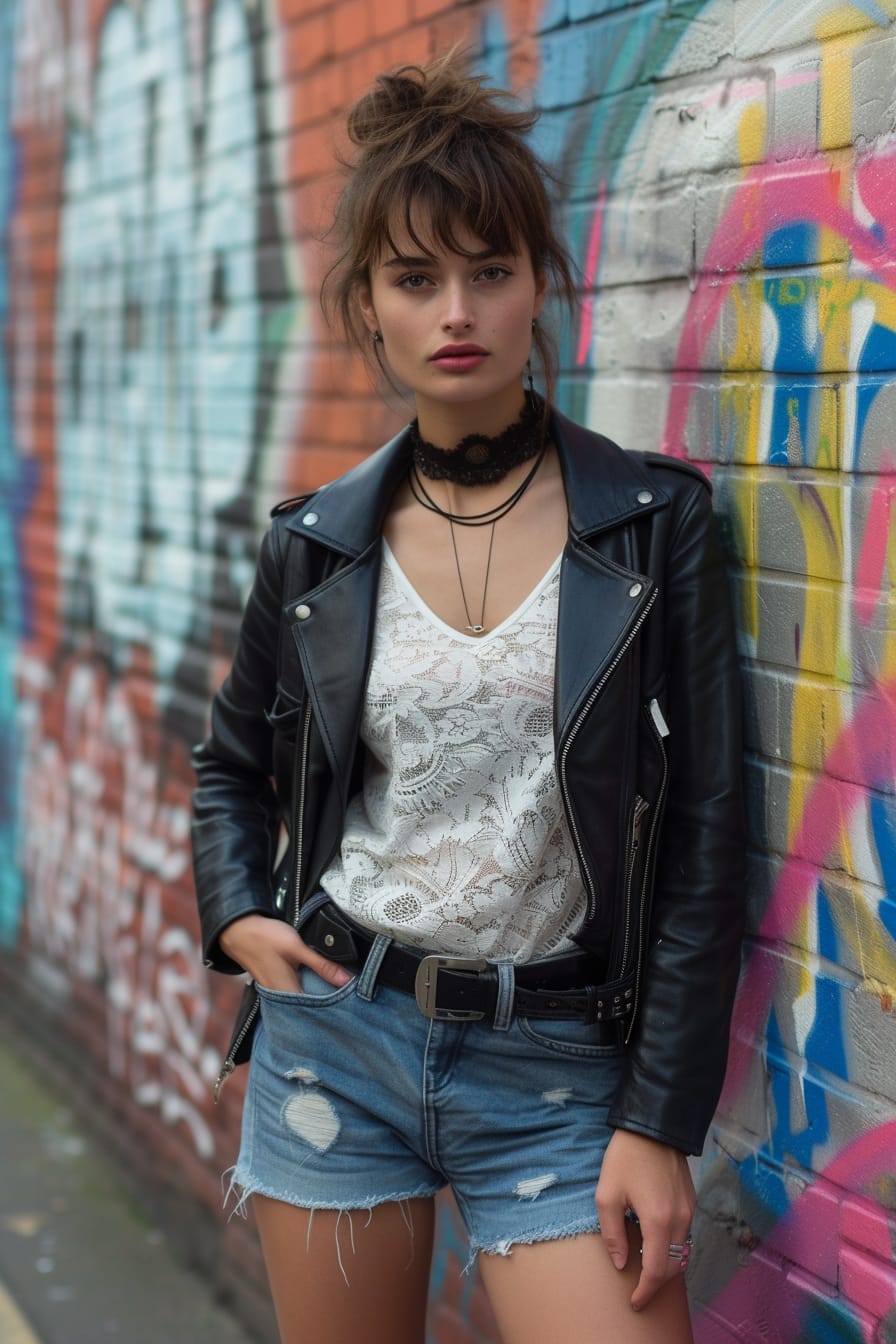  A full-length image of a young woman with short, tousled hair, wearing a black leather jacket over a white lace top, ripped jeans, and black ankle boots, leaning against a graffiti-covered wall, early evening.