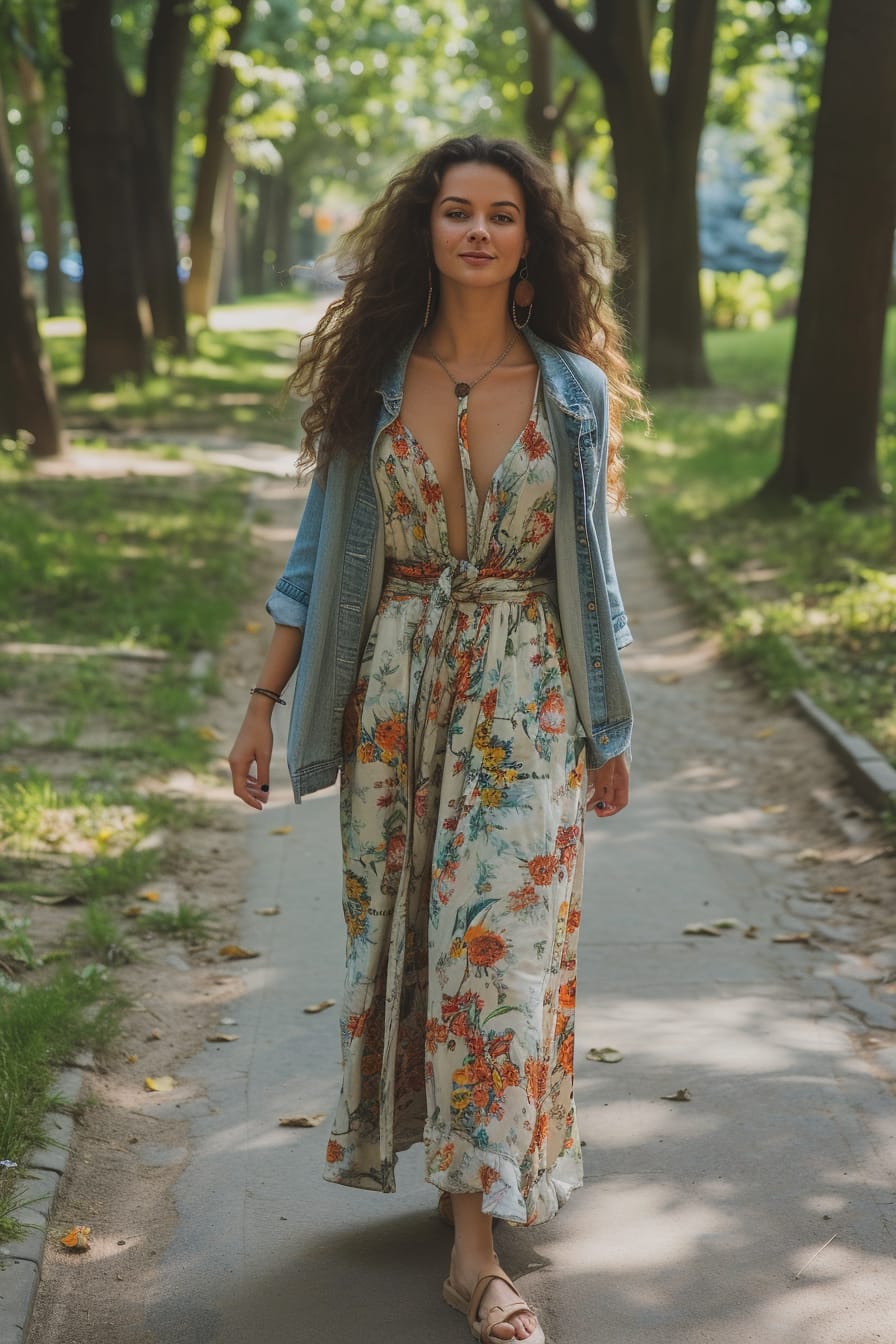  A full-length image of a young woman with long, curly hair, wearing a floral maxi dress, a denim jacket tied around her waist, and comfortable sandals, walking through a city park, midday.