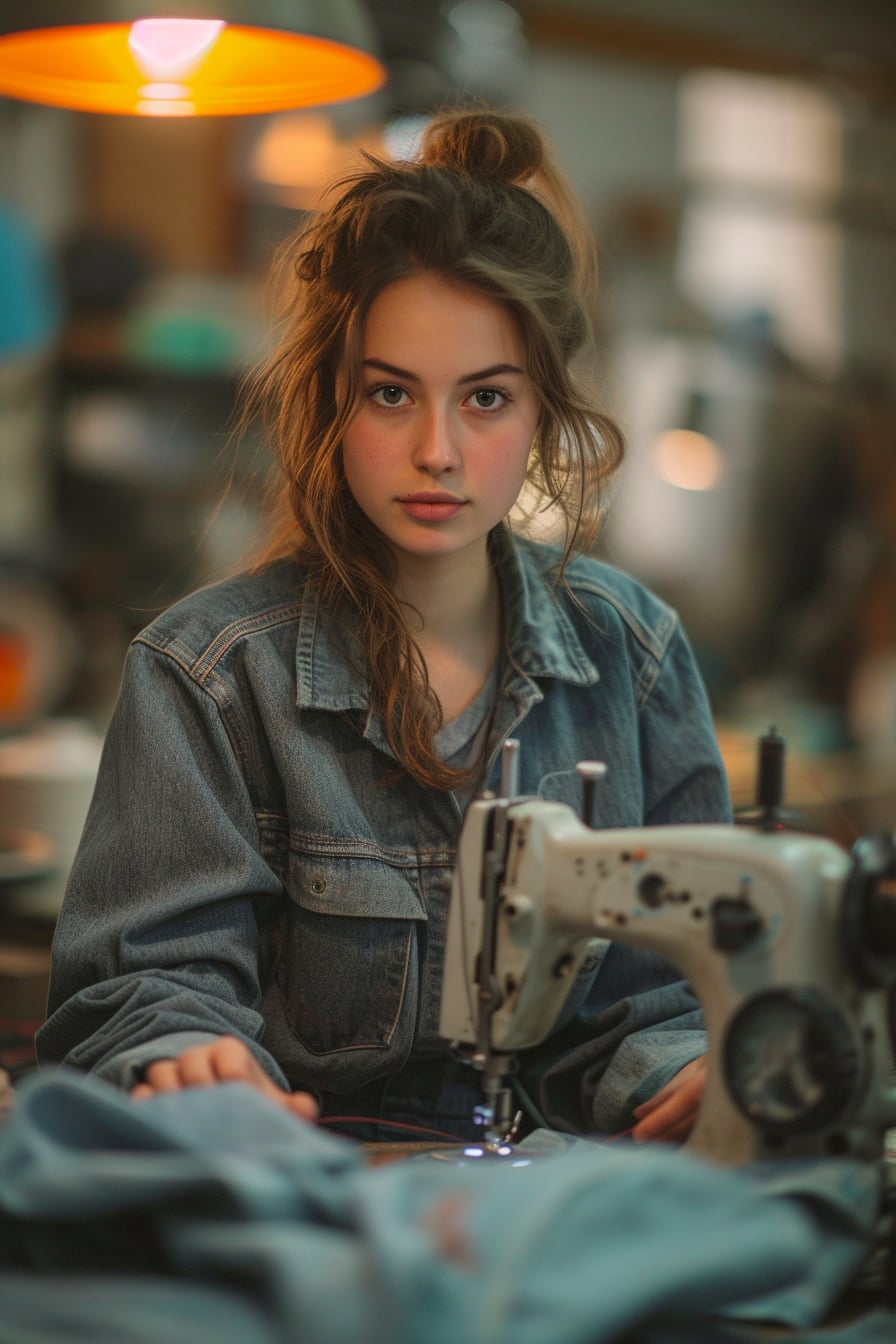 A young woman sitting at a sewing machine, altering a denim jacket, with fabric scraps and sewing tools scattered around her workspace.