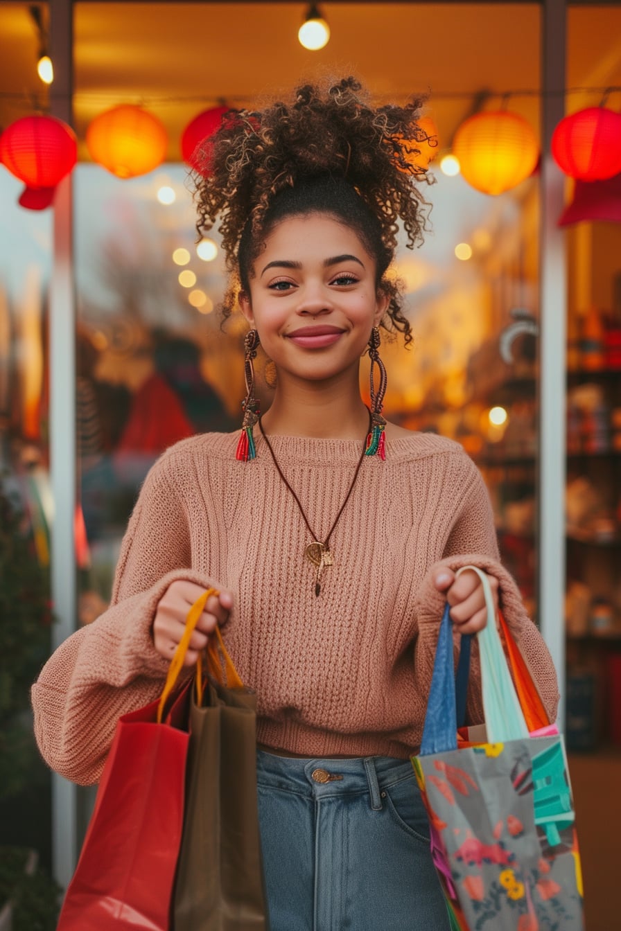  A young woman with a joyful expression, holding several colorful shopping bags, standing outside a quaint thrift store, early evening light.