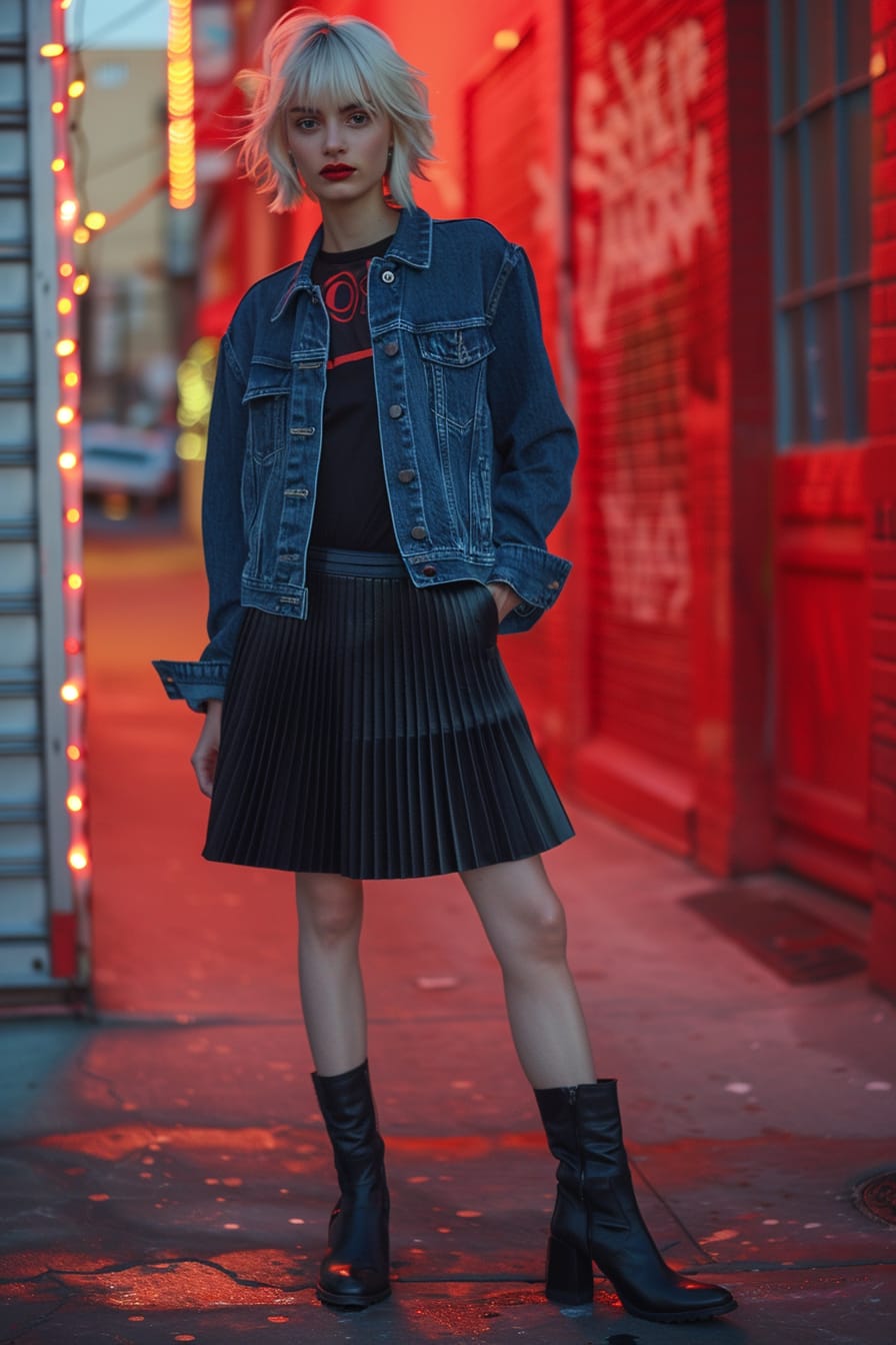  A full-length image of a young woman with short blonde hair, wearing a pleated midi skirt, black leather ankle boots, and a denim jacket, urban setting, evening.