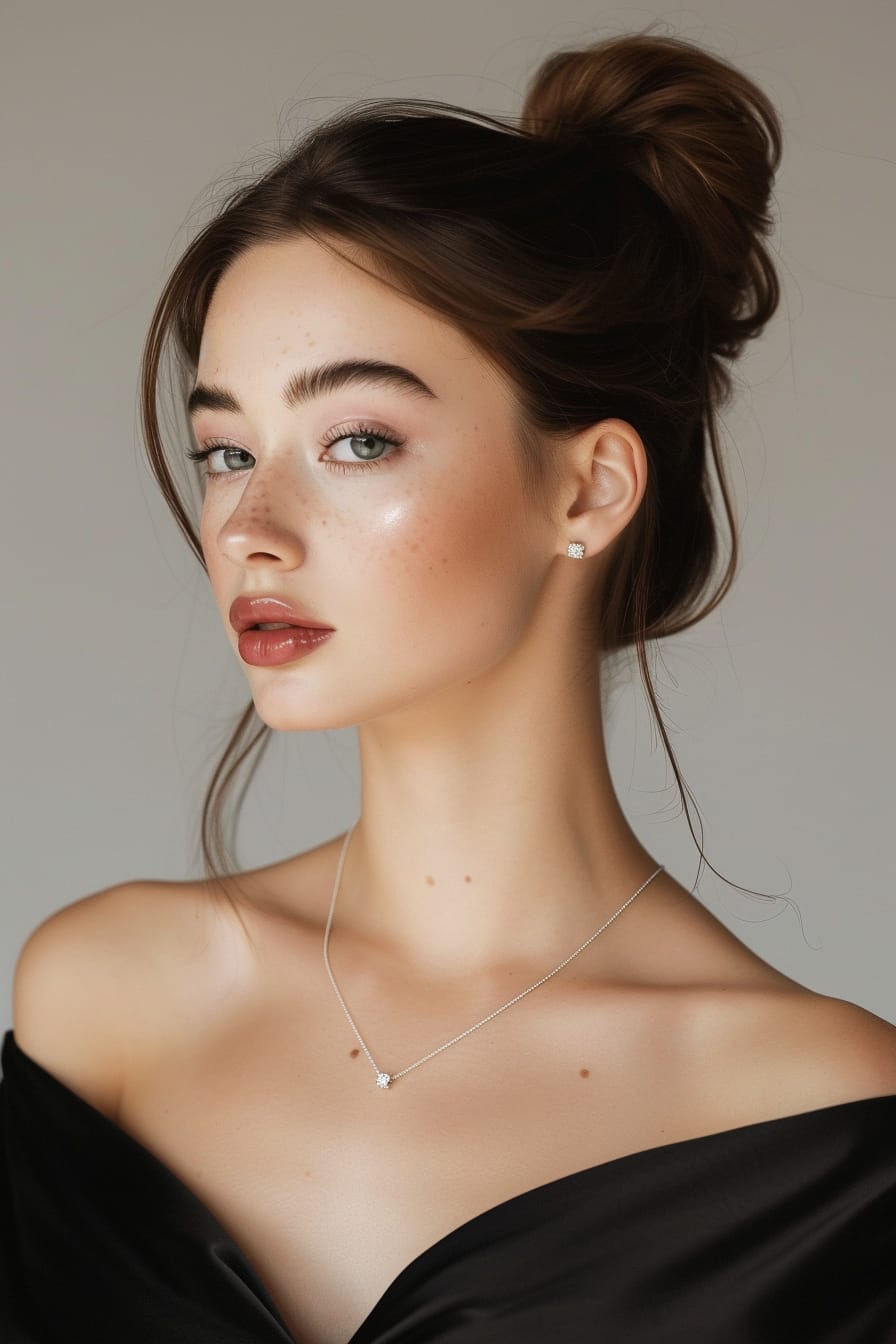 A close-up of a young woman with a sleek bun, wearing a simple yet elegant diamond necklace, matching stud earrings, with a hint of a black satin dress visible, against a soft, neutral background, evening lighting.