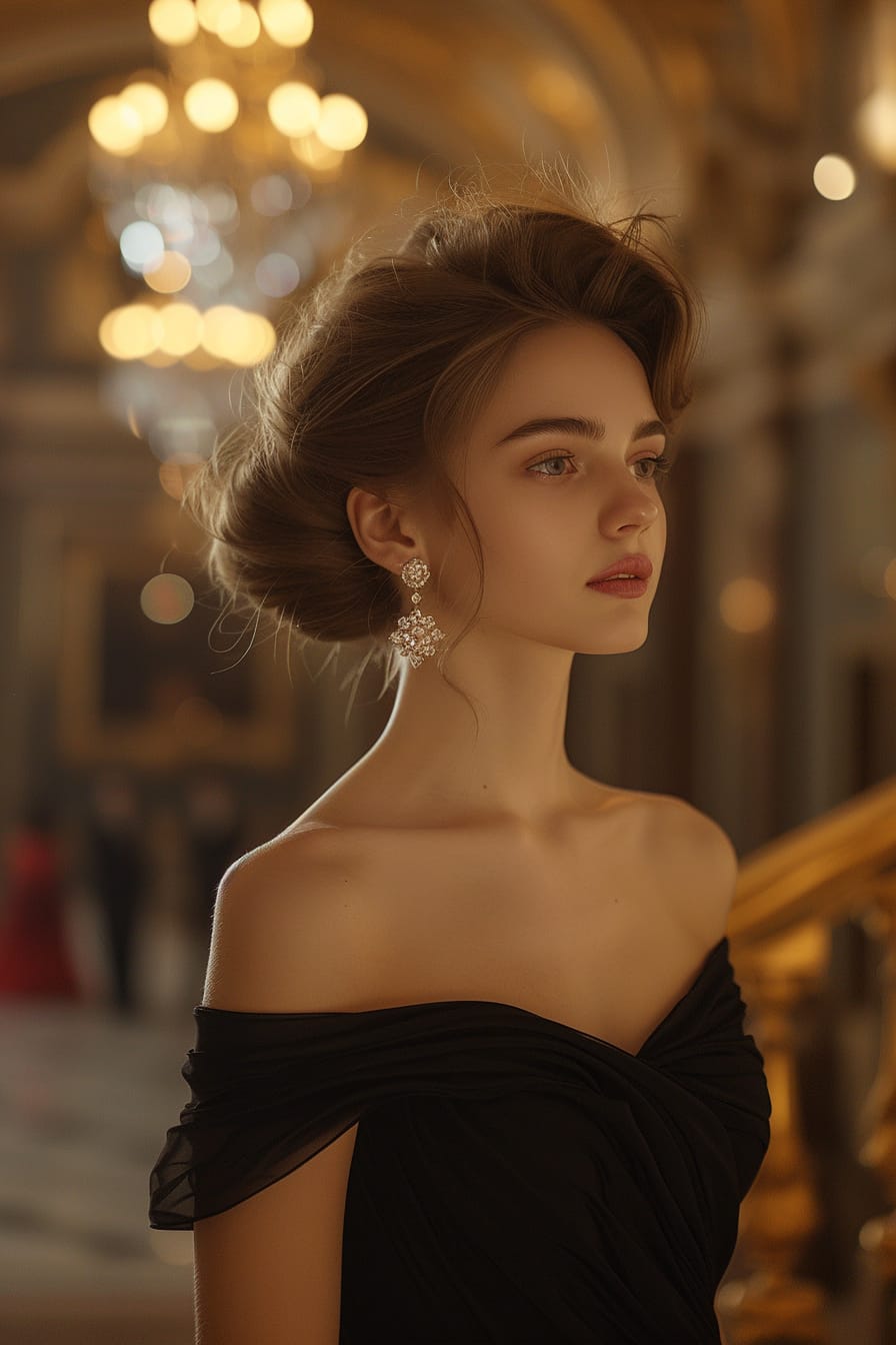  A young woman with an elegant updo, wearing a classic black floor-length gown, subtle diamond earrings, evening makeup, standing in a grand, dimly lit ballroom, evening.