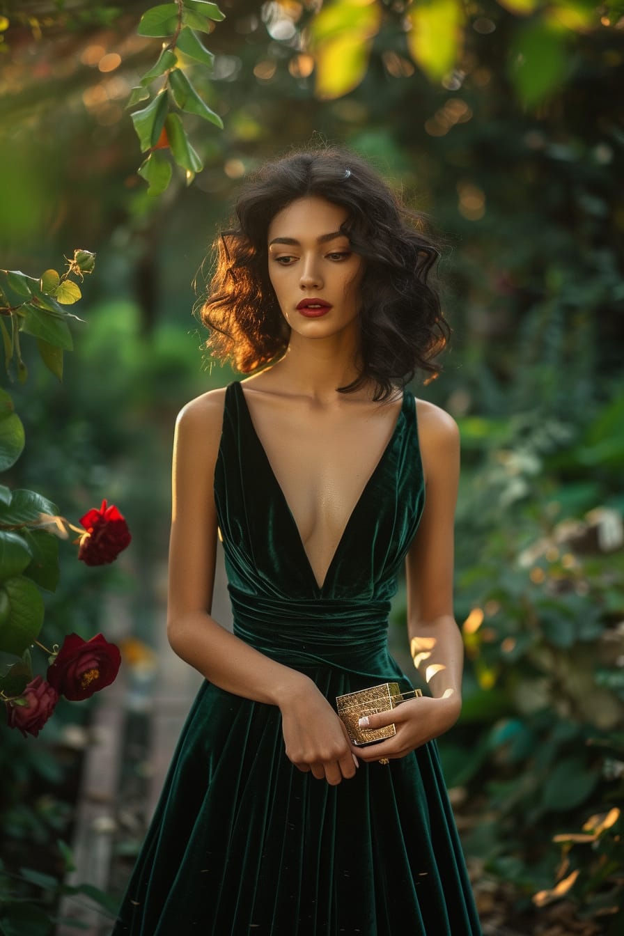 A young woman with soft curls, wearing a deep emerald green velvet gown with a slight train, holding a small gold clutch, in a lush garden at twilight.