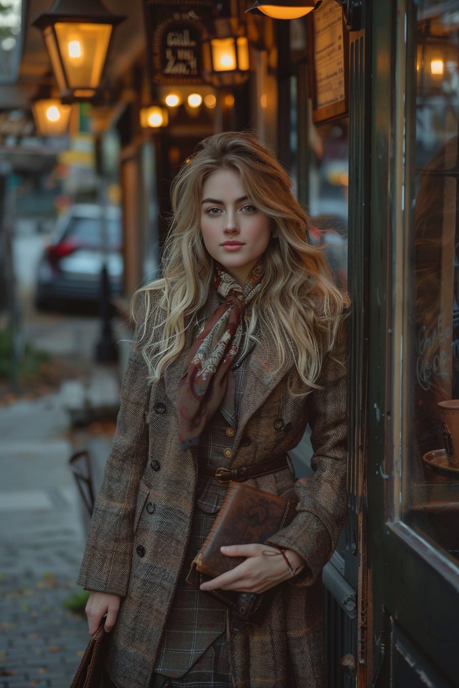 A full-length image of a young woman with long blonde hair, wearing a vintage-inspired brown herringbone coat, a silk scarf with a unique print, and carrying a small, leather-bound journal, standing near a cozy café entrance, twilight, the warm glow of the café lights spilling onto the sidewalk.